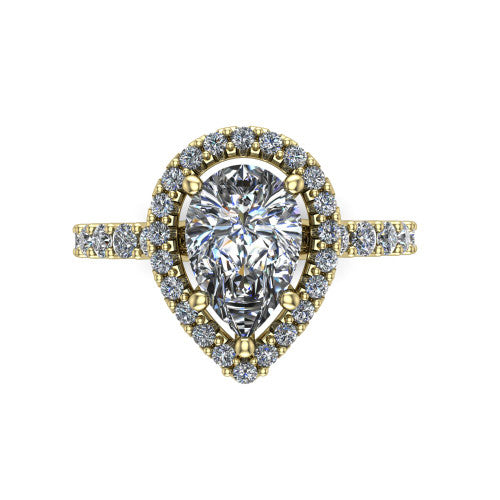 Mabel pear halo engagement ring in 18K Yellow Gold, top-down view showing the pear center diamond framed by a pave halo