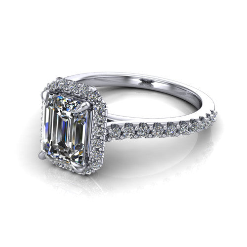 Vivienne Emerald Shape Halo Engagement Ring in 18K White Gold