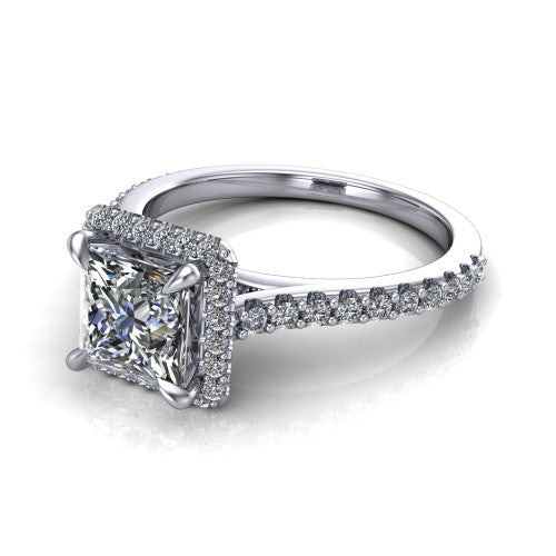 Vivienne Princess Shape Halo Engagement Ring in 14K White Gold