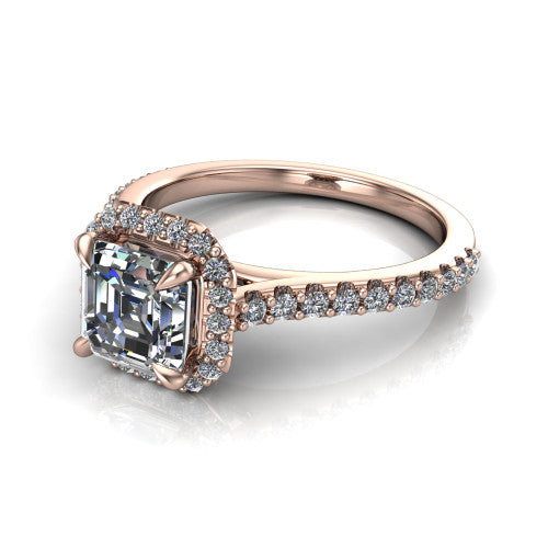 Vivienne Square Emerald Shape Halo Engagement Ring in 14K Rose Gold