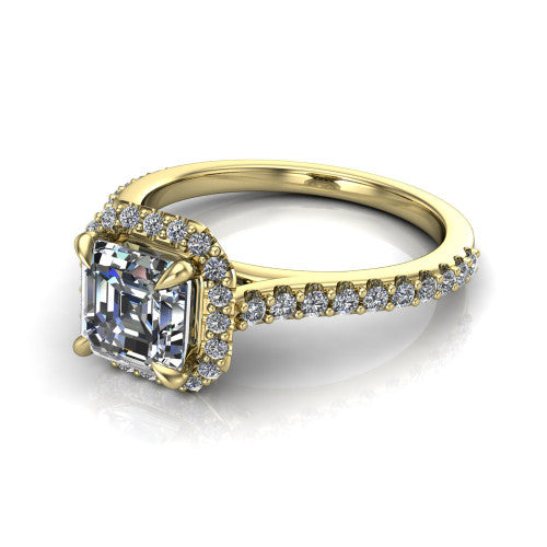 Vivienne Square Emerald Shape Halo Engagement Ring in 18K Yellow Gold