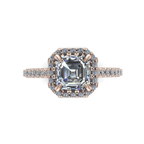 Vivienne Square Emerald Shape Halo Engagement Ring in 18K Rose Gold
