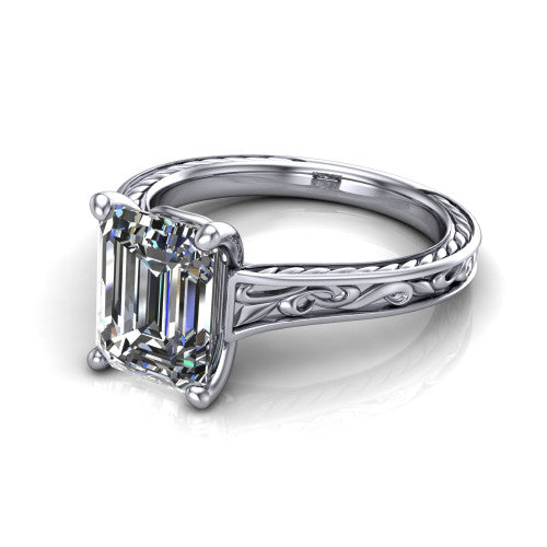 Sylvia Emerald Shape Solitaire Engagement Ring in 18K White Gold
