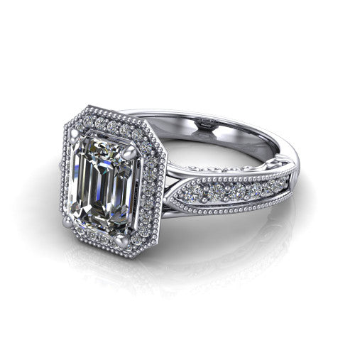 Liana Emerald Shape Halo Engagement Ring in 14K White Gold