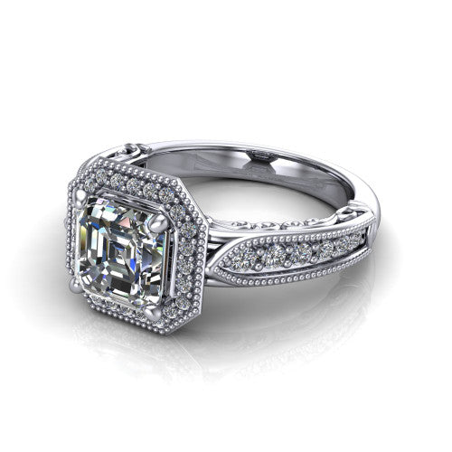 Liana Square Emerald Shape Halo Engagement Ring in 18K White Gold