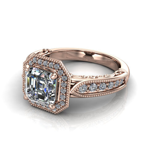 Liana Square Emerald Shape Halo Engagement Ring in 14K Rose Gold