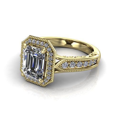 Liana Emerald Shape Halo Engagement Ring in 14K Yellow Gold
