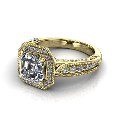 Liana Square Emerald Shape Halo Engagement Ring in 18K Yellow Gold