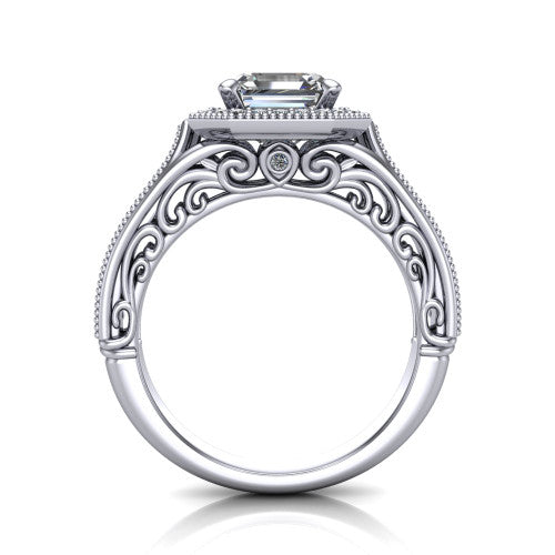 Liana Square Emerald Shape Halo Engagement Ring in Platinum