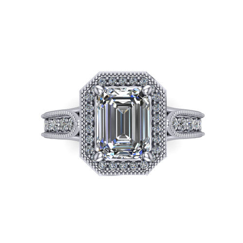 Liana Emerald Shape Halo Engagement Ring in 14K White Gold