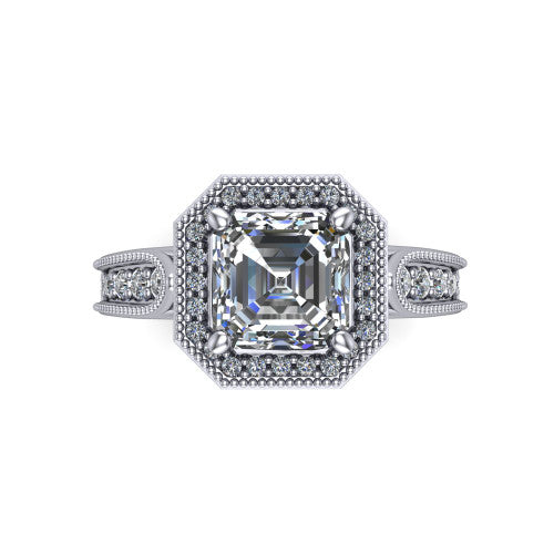Liana Square Emerald Shape Halo Engagement Ring in 14K White Gold