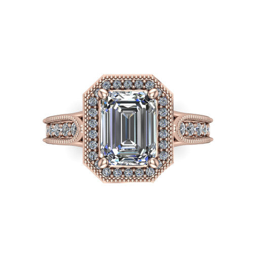 Liana Emerald Shape Halo Engagement Ring in 14K Rose Gold