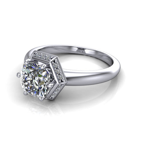 Maris cushion-cut vintage halo engagement ring in 14K White Gold, three-quarter perspective showing the cushion-cut center diamond, octagonal milgrain halo, and polished band
