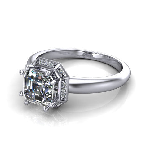 Maris square emerald-cut vintage halo engagement ring in 18K White Gold, three-quarter perspective showing the square emerald-cut center diamond, octagonal milgrain halo, and polished band