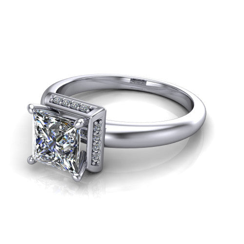 Maris princess-cut vintage halo engagement ring in Platinum, three-quarter perspective showing the princess-cut center diamond, octagonal milgrain halo, and polished band