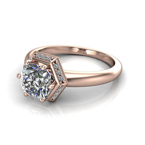 Maris cushion-cut vintage halo engagement ring in 18K Rose Gold, three-quarter perspective showing the cushion-cut center diamond, octagonal milgrain halo, and polished band