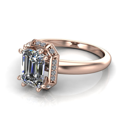Maris emerald-cut vintage halo engagement ring in 18K Rose Gold, three-quarter perspective showing the emerald-cut center diamond, octagonal milgrain halo, and polished band