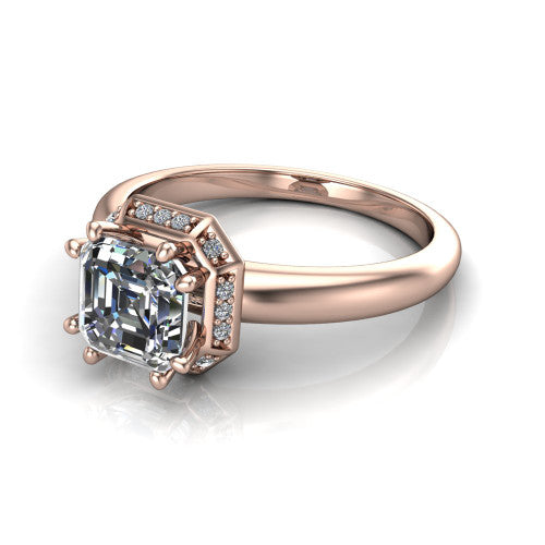 Maris square emerald-cut vintage halo engagement ring in 14K Rose Gold, three-quarter perspective showing the square emerald-cut center diamond, octagonal milgrain halo, and polished band