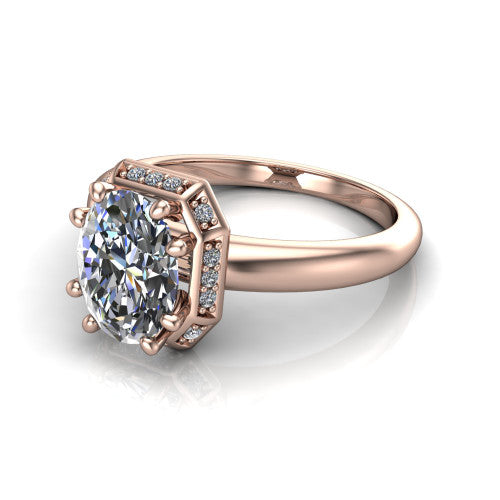 Maris oval vintage halo engagement ring in 14K Rose Gold, three-quarter perspective showing the oval center diamond, octagonal milgrain halo, and polished band