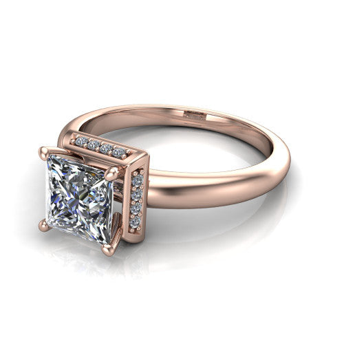 Maris princess-cut vintage halo engagement ring in 14K Rose Gold, three-quarter perspective showing the princess-cut center diamond, octagonal milgrain halo, and polished band