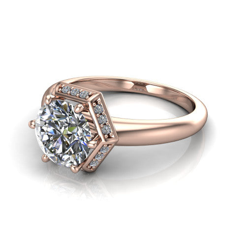 Maris round vintage halo engagement ring in 18K Rose Gold, three-quarter perspective showing the round center diamond, octagonal milgrain halo, and polished band