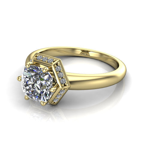 Maris cushion-cut vintage halo engagement ring in 18K Yellow Gold, three-quarter perspective showing the cushion-cut center diamond, octagonal milgrain halo, and polished band