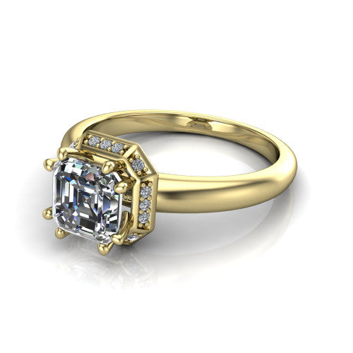 Maris square emerald-cut vintage halo engagement ring in 14K Yellow Gold, three-quarter perspective showing the square emerald-cut center diamond, octagonal milgrain halo, and polished band