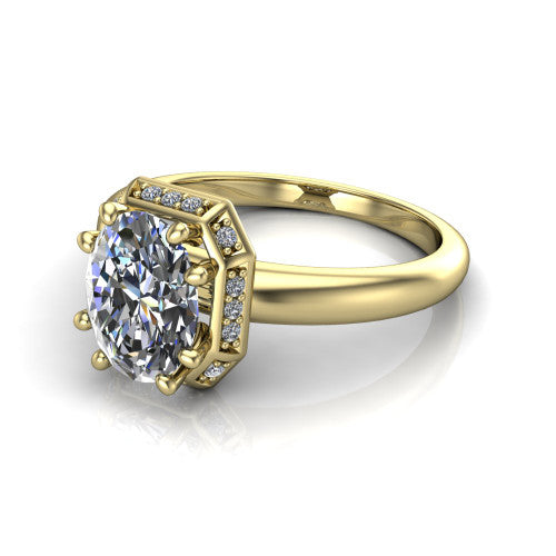 Maris oval vintage halo engagement ring in 18K Yellow Gold, three-quarter perspective showing the oval center diamond, octagonal milgrain halo, and polished band