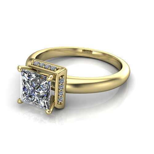 Maris princess-cut vintage halo engagement ring in 14K Yellow Gold, three-quarter perspective showing the princess-cut center diamond, octagonal milgrain halo, and polished band