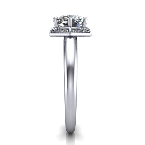 Maris cushion-cut vintage halo engagement ring in 14K White Gold, side profile showing the octagonal halo and polished band