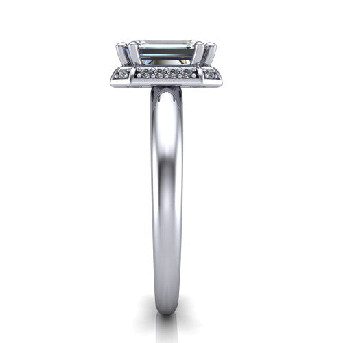 Maris emerald-cut vintage halo engagement ring in Platinum, side profile showing the octagonal halo and polished band