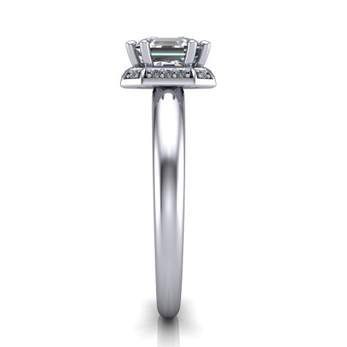 Maris square emerald-cut vintage halo engagement ring in 14K White Gold, side profile showing the octagonal halo and polished band