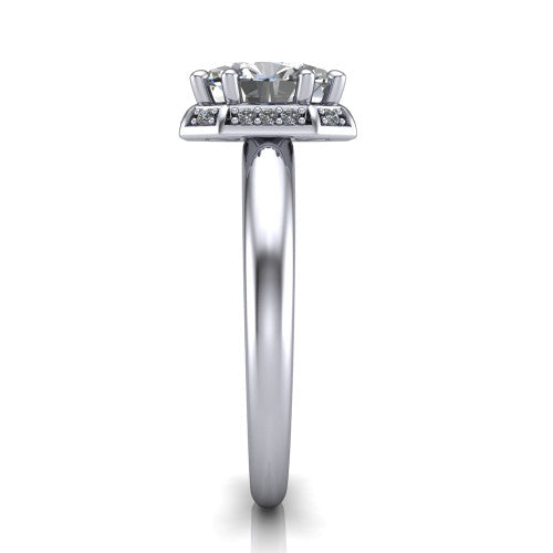 Maris oval vintage halo engagement ring in Platinum, side profile showing the octagonal halo and polished band