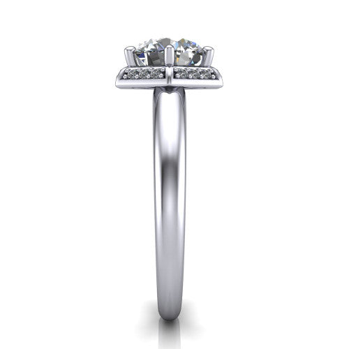 Maris round vintage halo engagement ring in 14K White Gold, side profile showing the octagonal halo and polished band