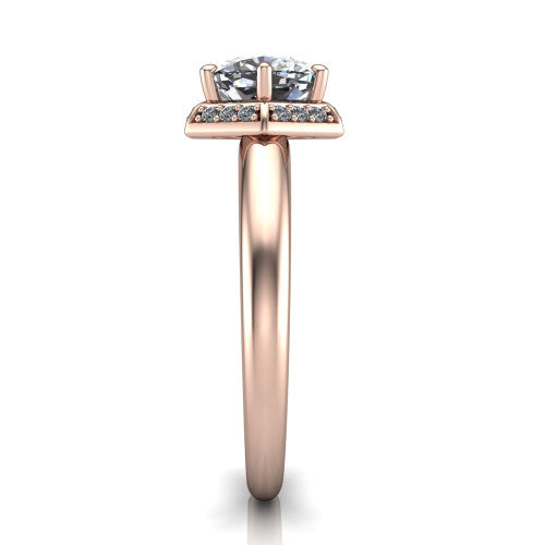 Maris cushion-cut vintage halo engagement ring in 18K Rose Gold, side profile showing the octagonal halo and polished band