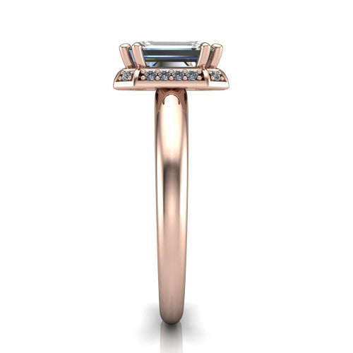 Maris emerald-cut vintage halo engagement ring in 14K Rose Gold, side profile showing the octagonal halo and polished band