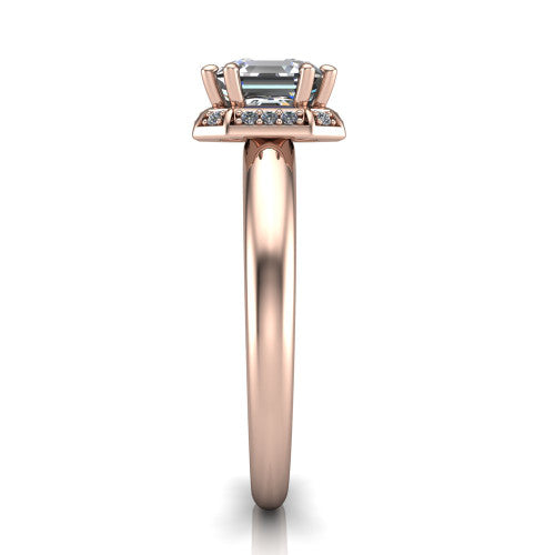 Maris square emerald-cut vintage halo engagement ring in 14K Rose Gold, side profile showing the octagonal halo and polished band