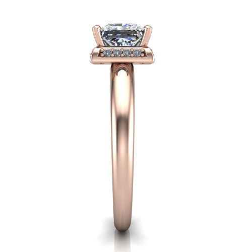 Maris princess-cut vintage halo engagement ring in 14K Rose Gold, side profile showing the octagonal halo and polished band