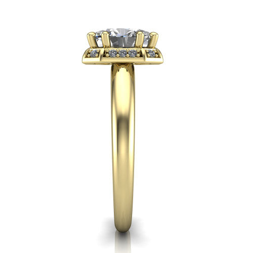 Maris oval vintage halo engagement ring in 14K Yellow Gold, side profile showing the octagonal halo and polished band