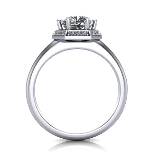 Maris cushion-cut vintage halo engagement ring in 14K White Gold, through-finger front profile showing the geometric halo and gallery