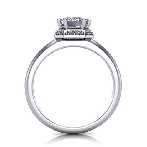 Maris emerald-cut vintage halo engagement ring in Platinum, through-finger front profile showing the geometric halo and gallery