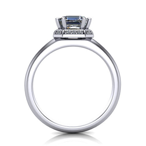 Maris square emerald-cut vintage halo engagement ring in Platinum, through-finger front profile showing the geometric halo and gallery