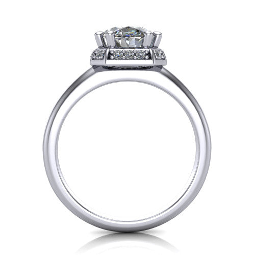 Maris oval vintage halo engagement ring in 18K White Gold, through-finger front profile showing the geometric halo and gallery