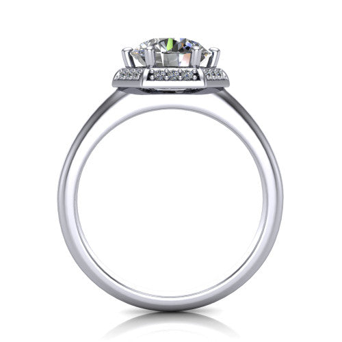 Maris round vintage halo engagement ring in Platinum, through-finger front profile showing the geometric halo and gallery