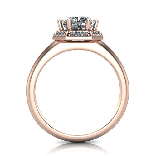 Maris cushion-cut vintage halo engagement ring in 14K Rose Gold, through-finger front profile showing the geometric halo and gallery