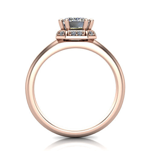 Maris emerald-cut vintage halo engagement ring in 14K Rose Gold, through-finger front profile showing the geometric halo and gallery