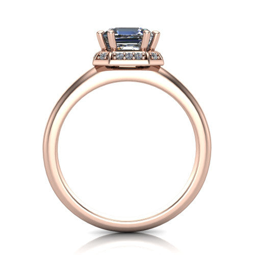 Maris square emerald-cut vintage halo engagement ring in 18K Rose Gold, through-finger front profile showing the geometric halo and gallery
