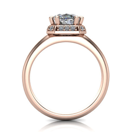 Maris oval vintage halo engagement ring in 14K Rose Gold, through-finger front profile showing the geometric halo and gallery