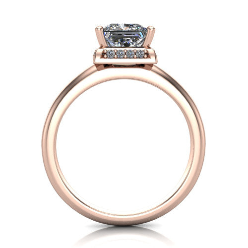 Maris princess-cut vintage halo engagement ring in 14K Rose Gold, through-finger front profile showing the geometric halo and gallery