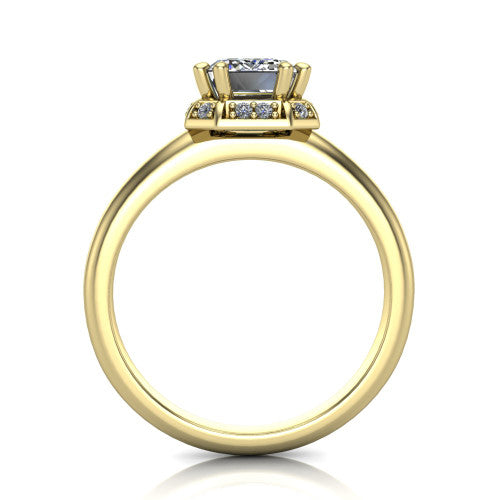 Maris emerald-cut vintage halo engagement ring in 14K Yellow Gold, through-finger front profile showing the geometric halo and gallery
